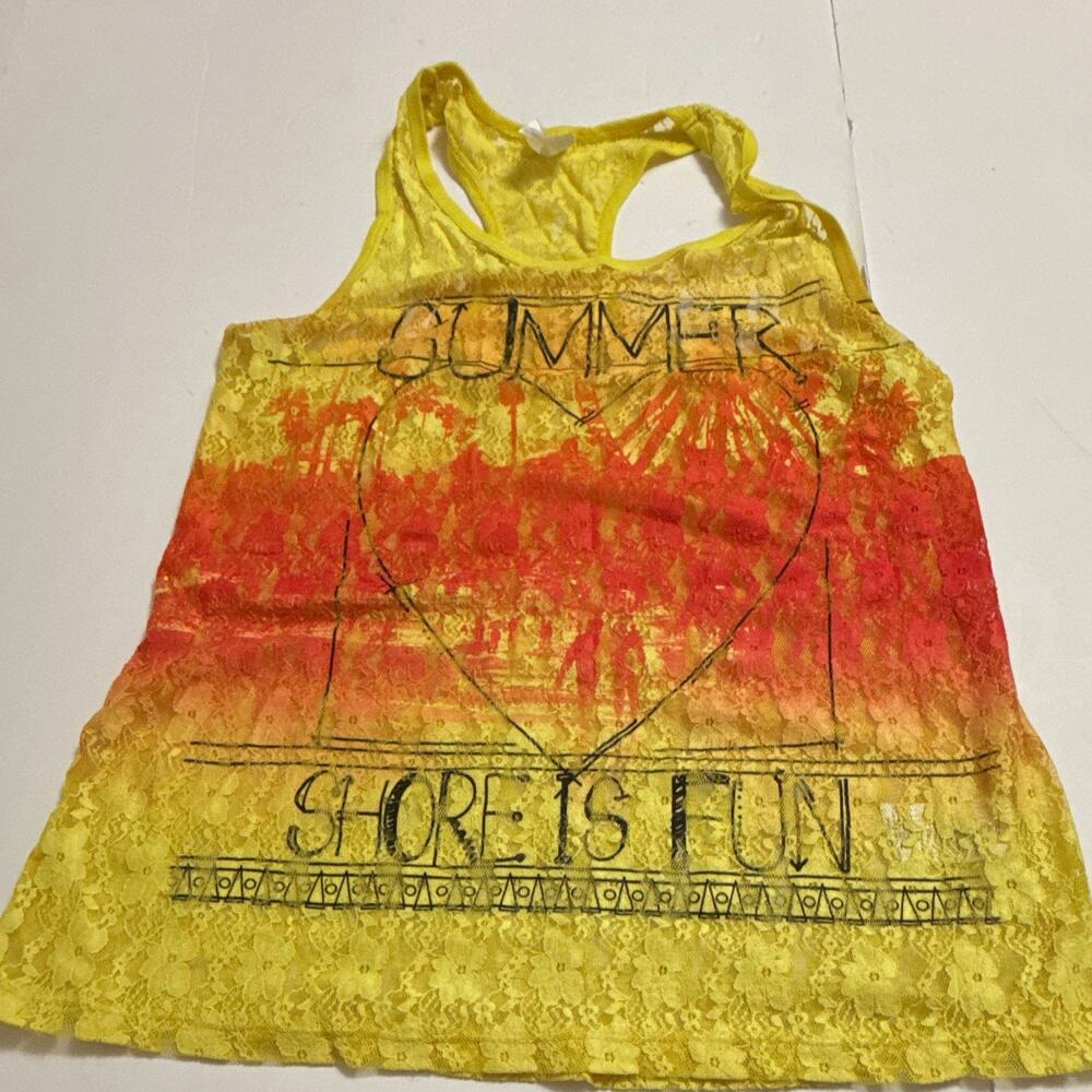 Crown Women’s xxl Yellow Lace Scoop Neck Racerback Tank Top Heart Beach Graphic